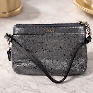 Coach Ashley Metallic Pewter Leather Wristlet – Perforated Signature C Design